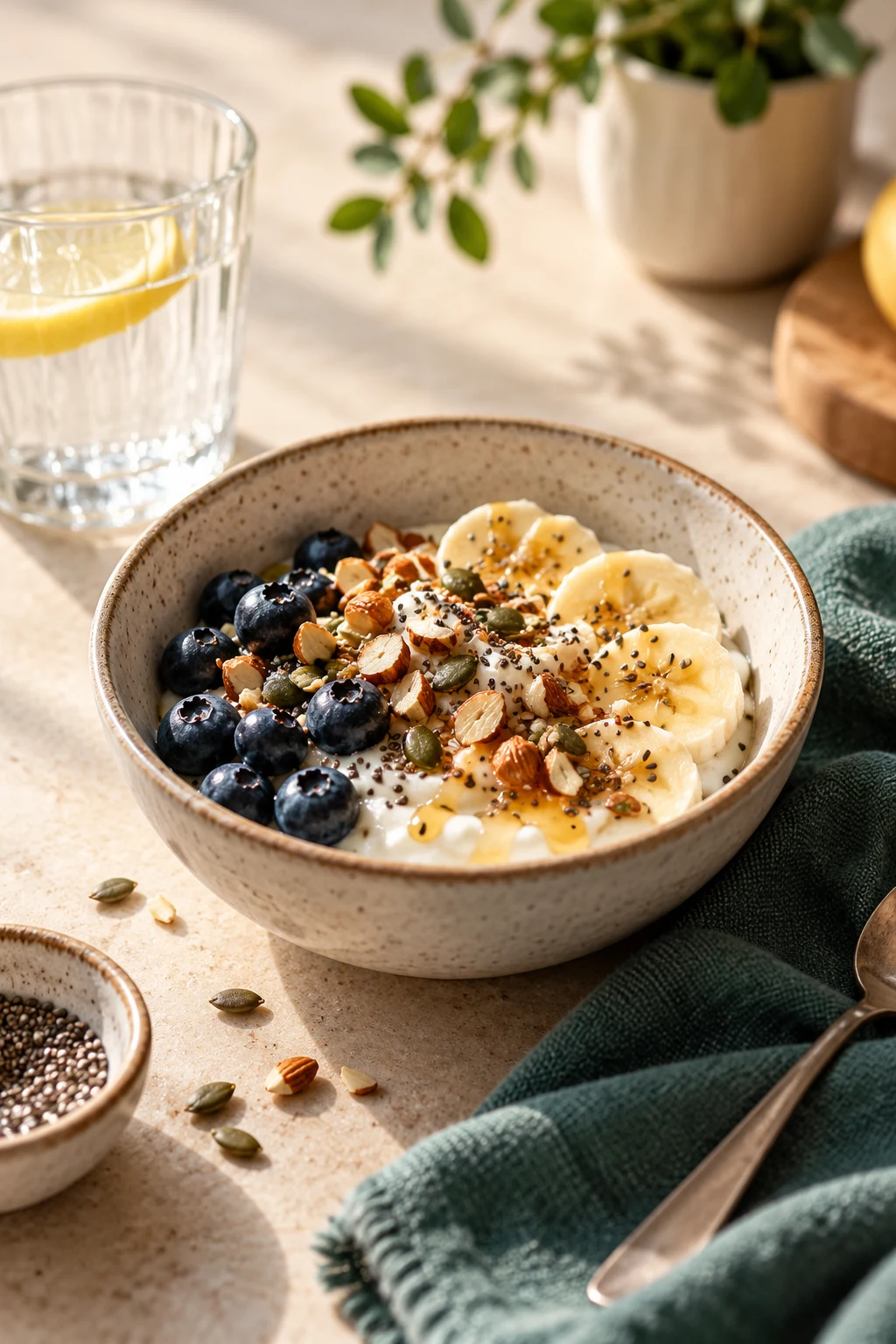 Tazón con yogur, banana, arándanos y semillas