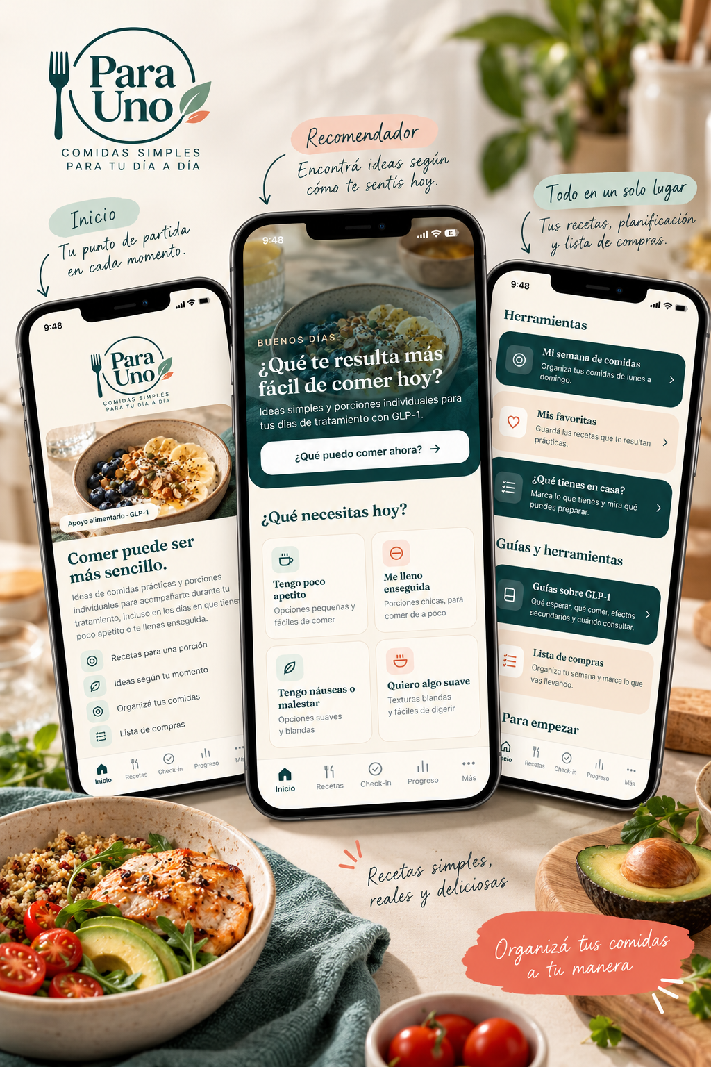 Mockup de Para Uno con sus pantallas de inicio, acceso al recomendador y herramientas