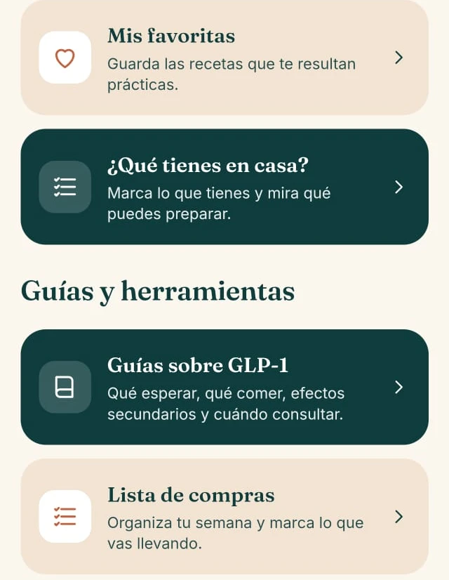 Captura real del acceso a favoritas, ingredientes, guías y lista de compras