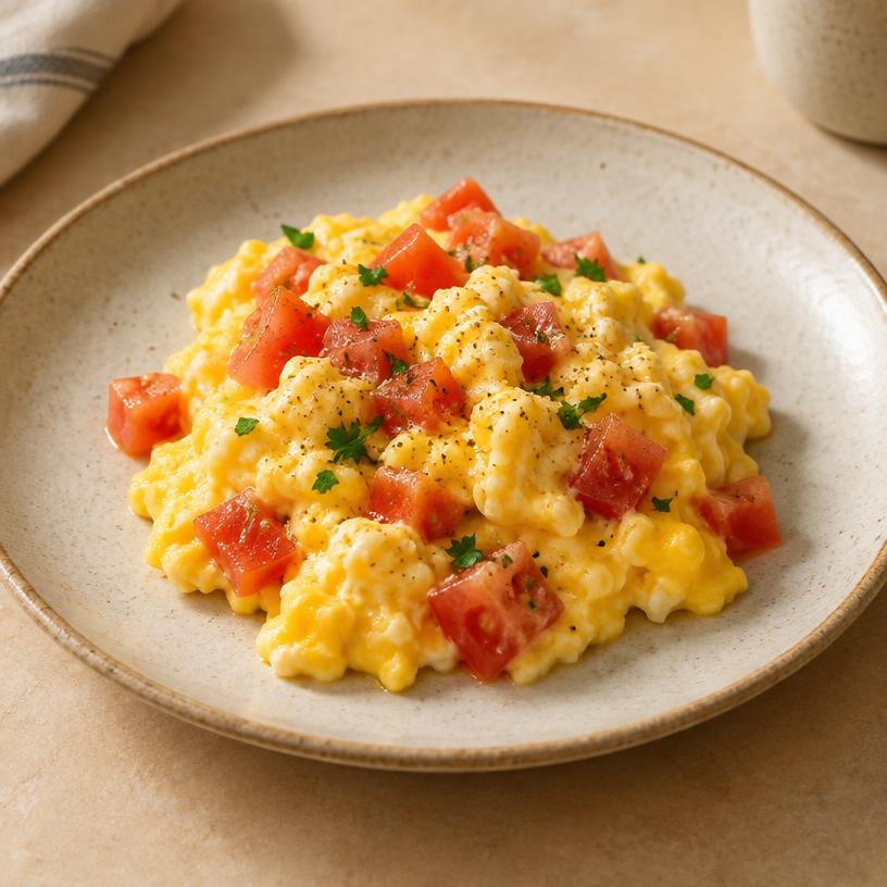 Huevos con tomate, fotografía ilustrativa